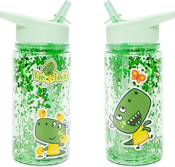 Green glitter water bottles with Tippi stickers