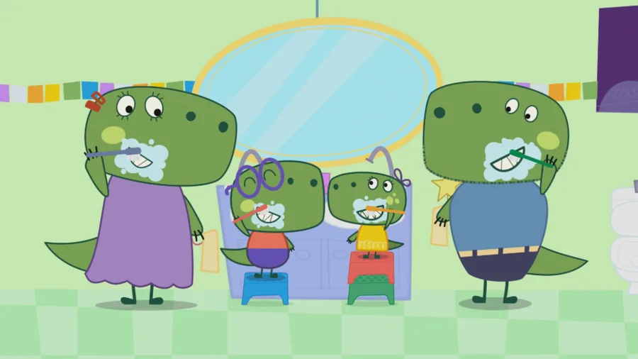 The T-Rex family brushing their teeth together in the bathroom