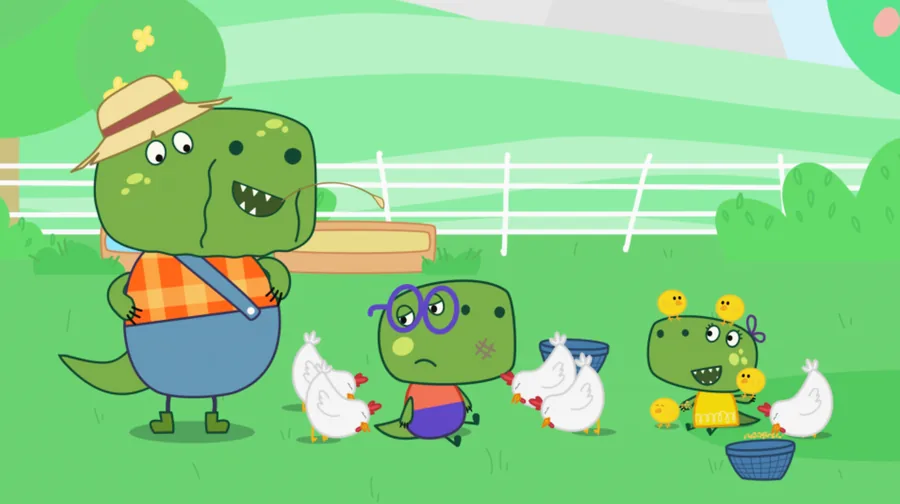 Daddy T-Rex and the kids feeding chickens on a farm