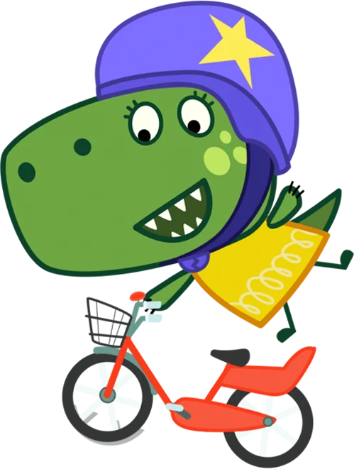 Tippi T-Rex riding her red bike with a purple helmet