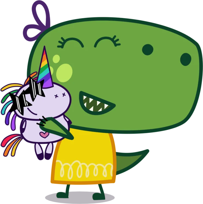 Tippi T-Rex, a little green dinosaur in a yellow dress, hugging her unicorn toy
